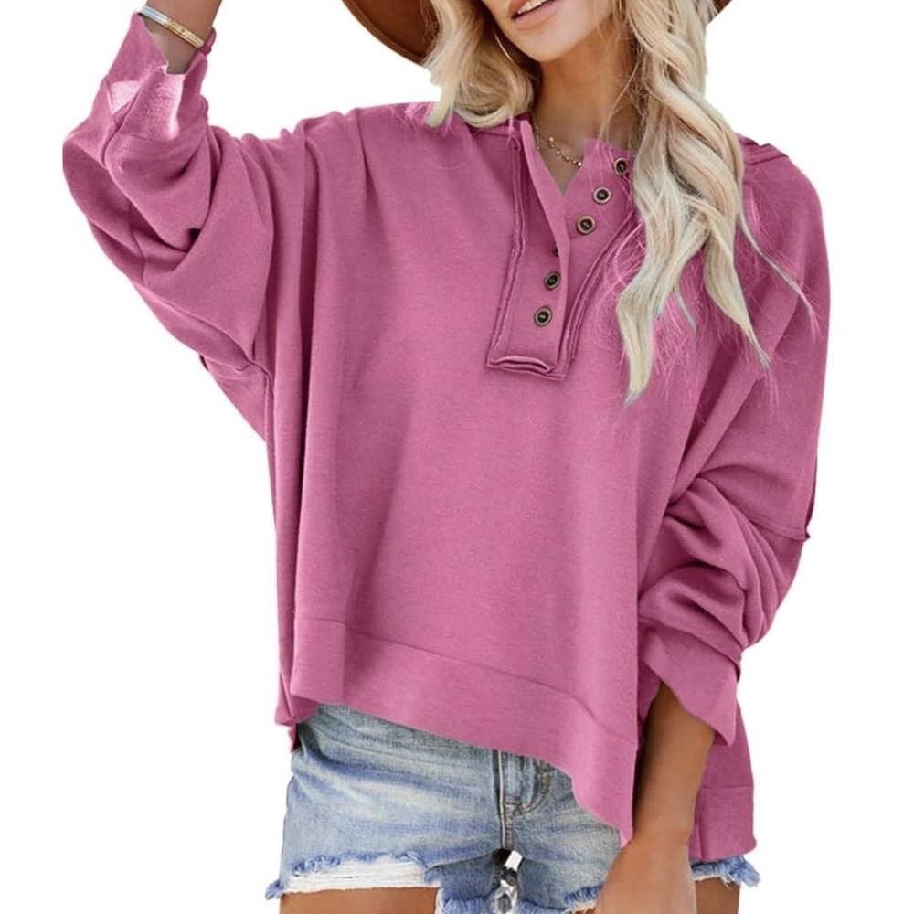 Dokotoo Women's Hooded Sweatshirt Long Sleeve, VNeck, Button Down Fall Pink Sz M